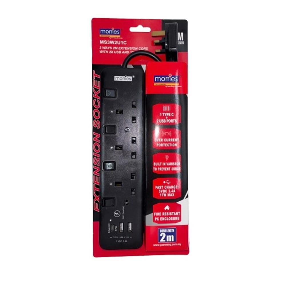 MORRIES 3GANG 2METER EXTENSION SOCKET WITH 2 USB AND 1 TYPE C MS3W2U1C BLACK