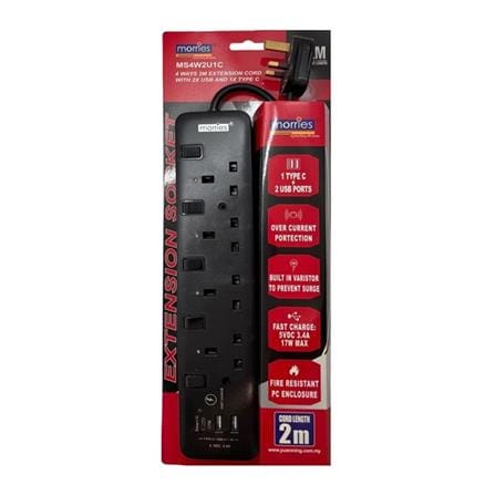 MORRIES 4GANG 2METER EXTENSION SOCKET WITH 2 USB AND 1 TYPE C MS4W2U1C BLACK