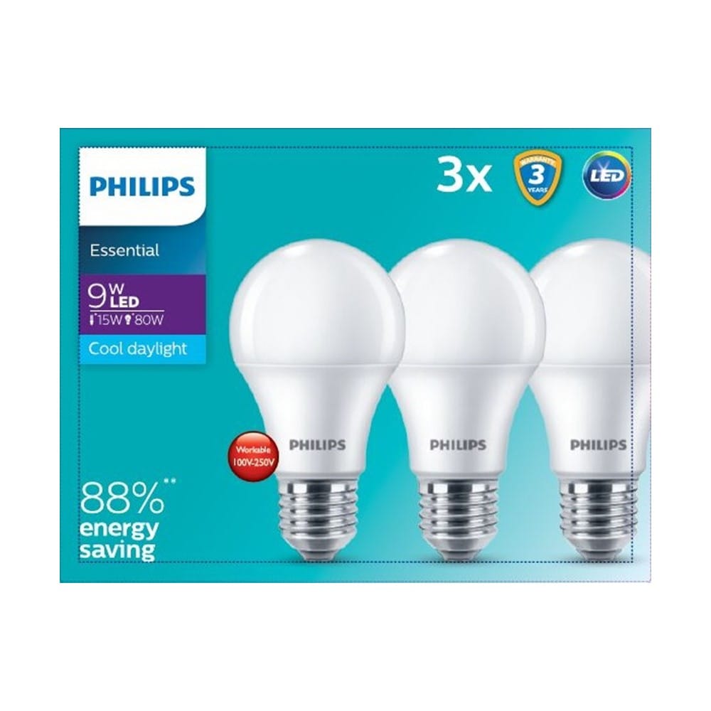 PHILIPS ESSENTIAL LED BULB E27 6500K COOL DAYLIGHT 9W 3PCS MY