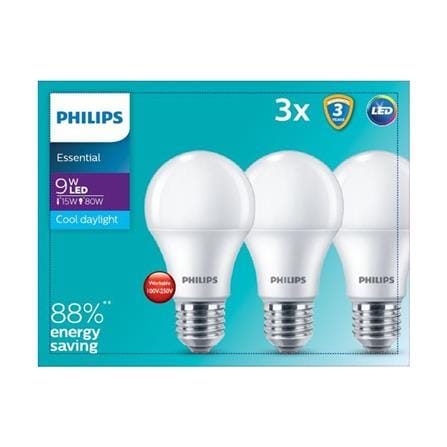 PHILIPS ESSENTIAL LED BULB E27 6500K COOL DAYLIGHT 9W 3PCS MY