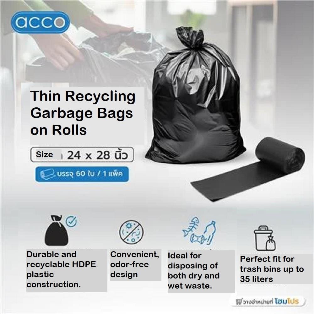 GARBAGE ROLL RECYCLE ACCO THIN 24X28" BLACK 60PCS