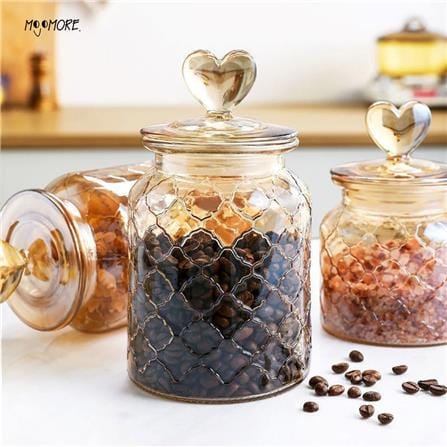MOJOMORE GLASS JAR AMBER WITH LID HEART SHAPE 1350ML