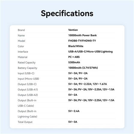 VENTION POWERBANK 10000mAh WITH BUILD-IN LIGHTNING AND TYPE C BLACK FHOB0-TY