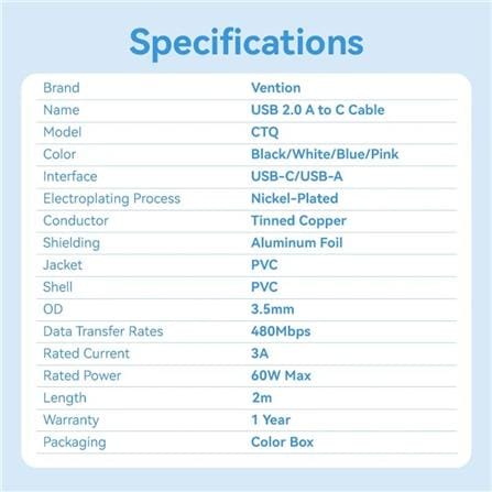 VENTION USB 2.0 TYPE-A TO TYPE C 3A CABLE 2M BLACK PVC TYPE