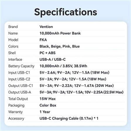 VENTION POWERBANK 10000mAh WITH BUILD-IN USB-C 22.5W PINK FKAP0-C-TY