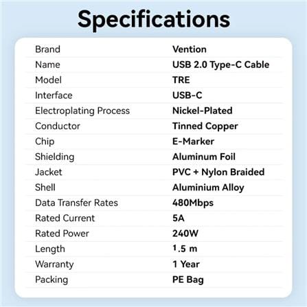 VENTION USB 2.0 TYPE-C TO TYPE-C 240W CABLE 1.5M BLACK ALUMINIUM ALLOY TYPE