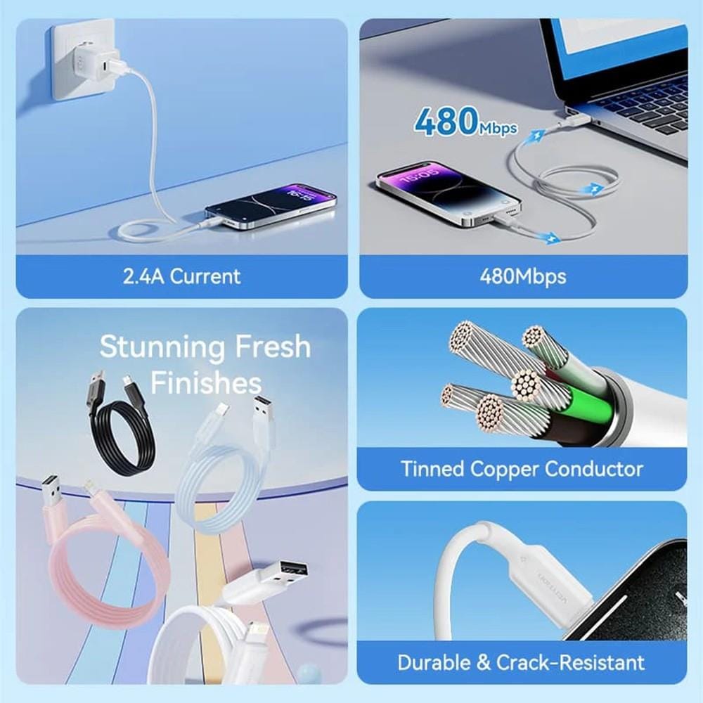 VENTION USB 2.0 TYPE-A TO LIGHTNING 2.4A CABLE 2M BLACK PVC TYPE