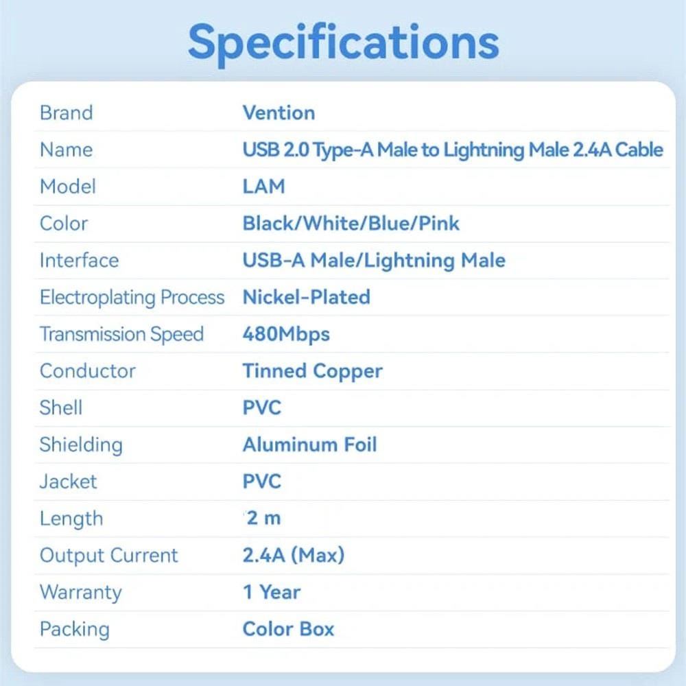 VENTION USB 2.0 TYPE-A TO LIGHTNING 2.4A CABLE 2M BLACK PVC TYPE