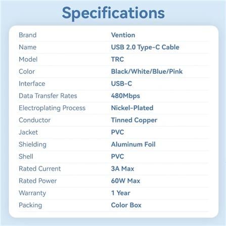 VENTION USB 2.0 TYPE-C TO TYPE-C 3A CABLE 1M BLACK PVC TYPE