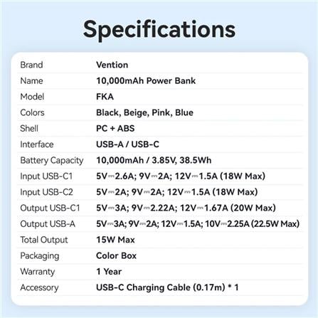 VENTION POWERBANK 10000mAh WITH BUILD-IN USB-C 22.5W BEIGE FKAN0-C-TY