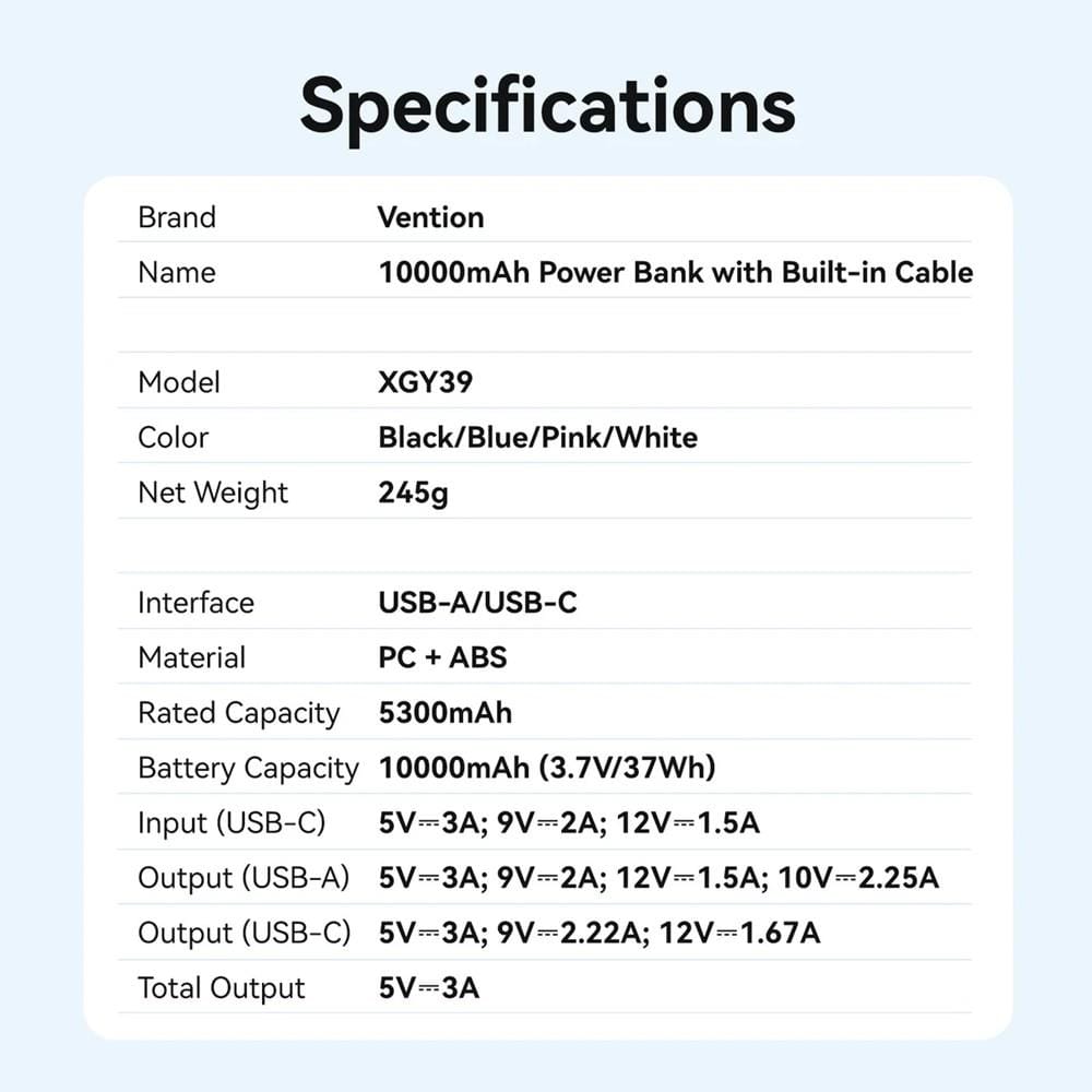 VENTION POWERBANK 10000mAh FAST CHARGE BLACK XGYB0-39-TY