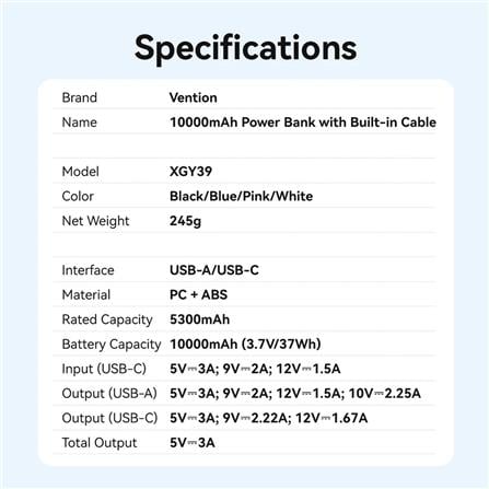 VENTION POWERBANK 10000mAh FAST CHARGE BLACK XGYB0-39-TY