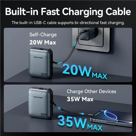 VENTION MINI POWERBANK 10000mAh WITH BUILT-IN USB-C 35W GREY FHEH0-TY