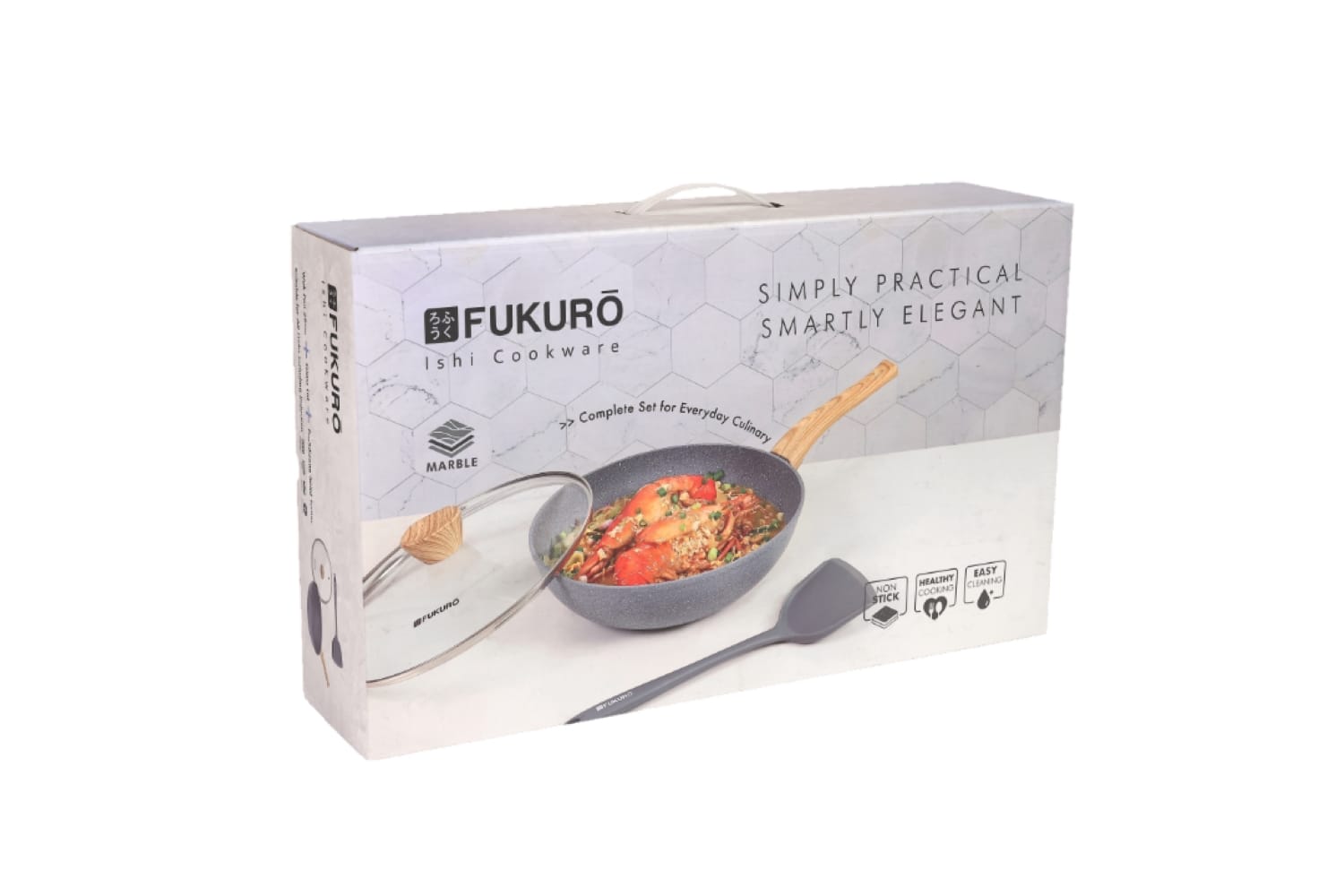 FUKURO ISHI MARBLE WOK PAN 28CM WITH GLASS LID+ PROSILICONE TURNER SET