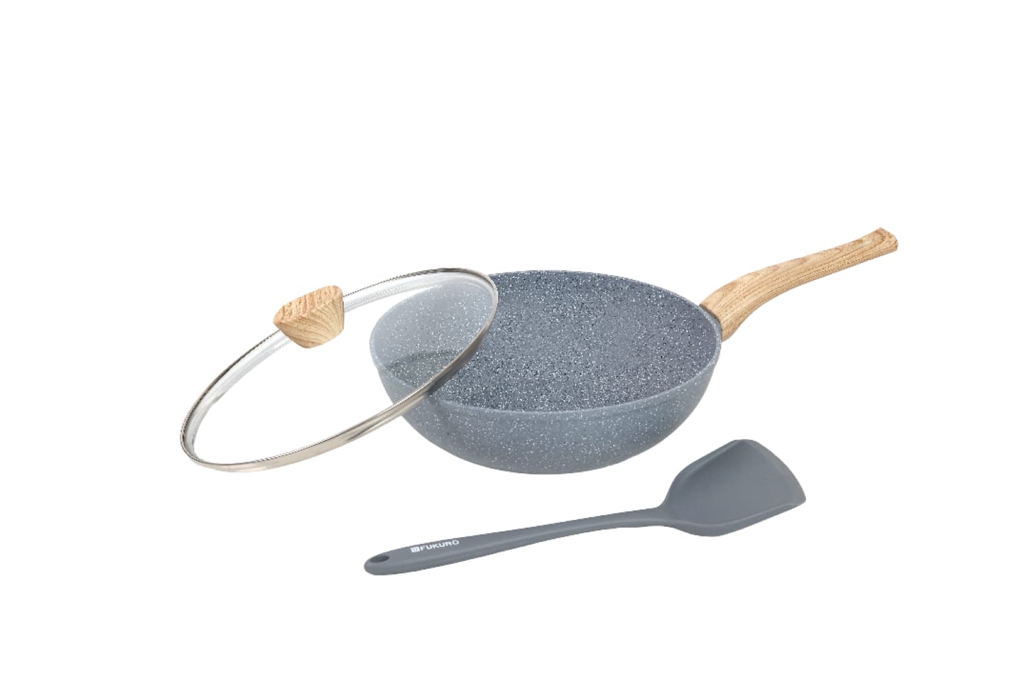 FUKURO ISHI MARBLE WOK PAN 28CM WITH GLASS LID+ PROSILICONE TURNER SET