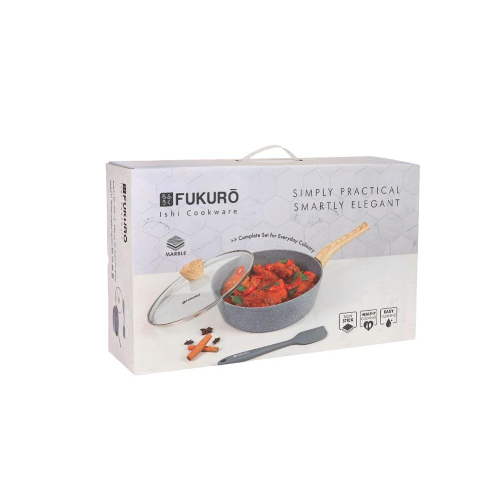 FUKURO ISHI MARBLE DEEP FRY PAN 28CM SET WITH GLASS LID + SILICONE SPATULA