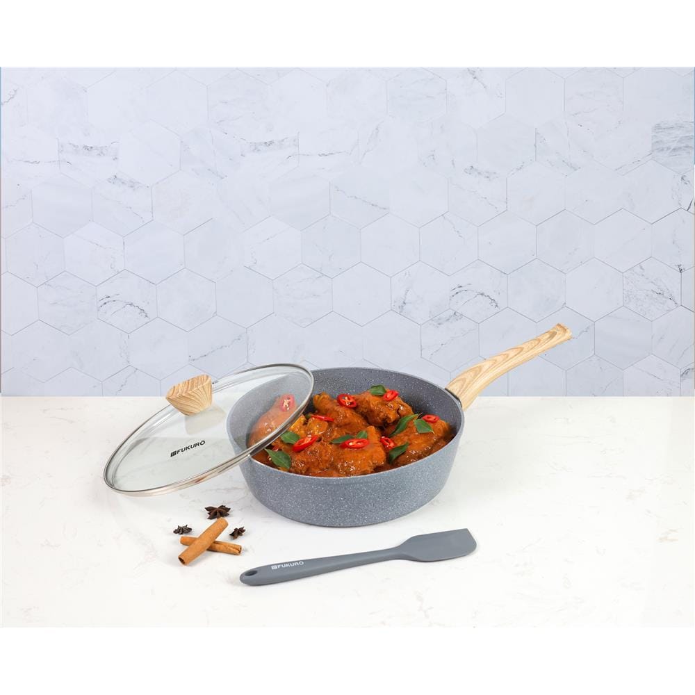 FUKURO ISHI MARBLE DEEP FRY PAN 28CM SET WITH GLASS LID + SILICONE SPATULA