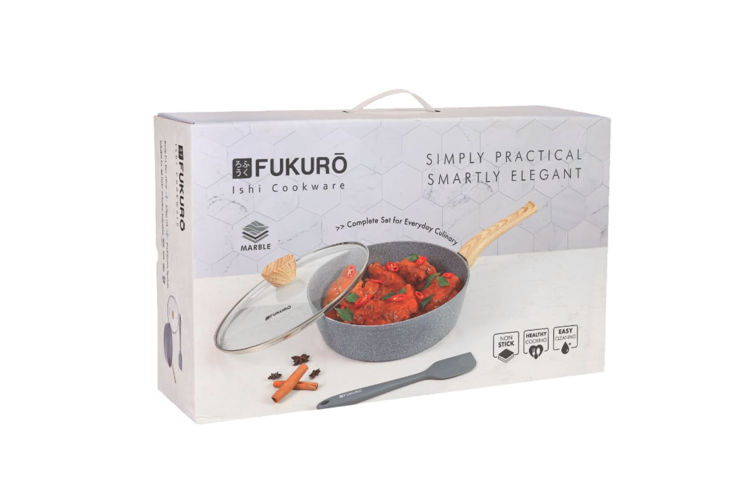 FUKURO ISHI MARBLE DEEP FRY PAN 28CM SET WITH GLASS LID + SILICONE SPATULA