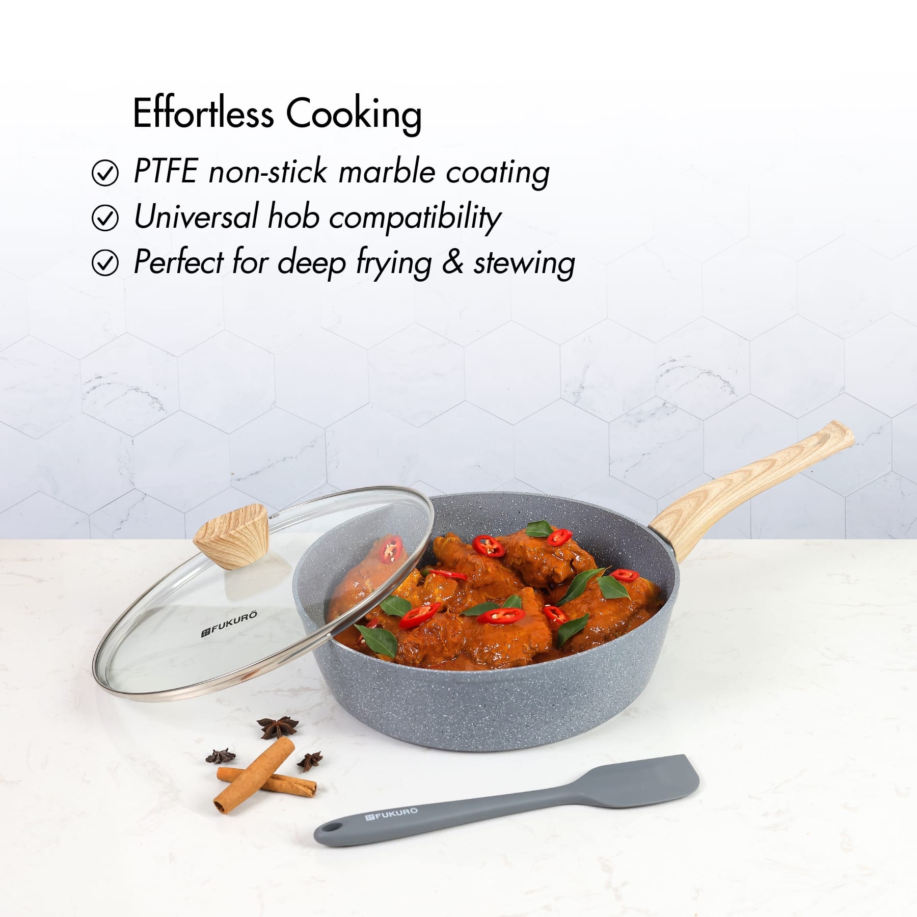 FUKURO ISHI MARBLE DEEP FRY PAN 28CM SET WITH GLASS LID + SILICONE SPATULA