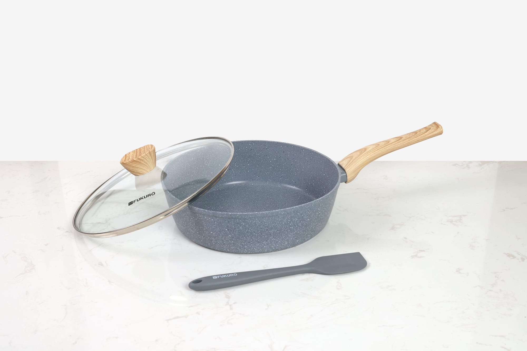 FUKURO ISHI MARBLE DEEP FRY PAN 28CM SET WITH GLASS LID + SILICONE SPATULA