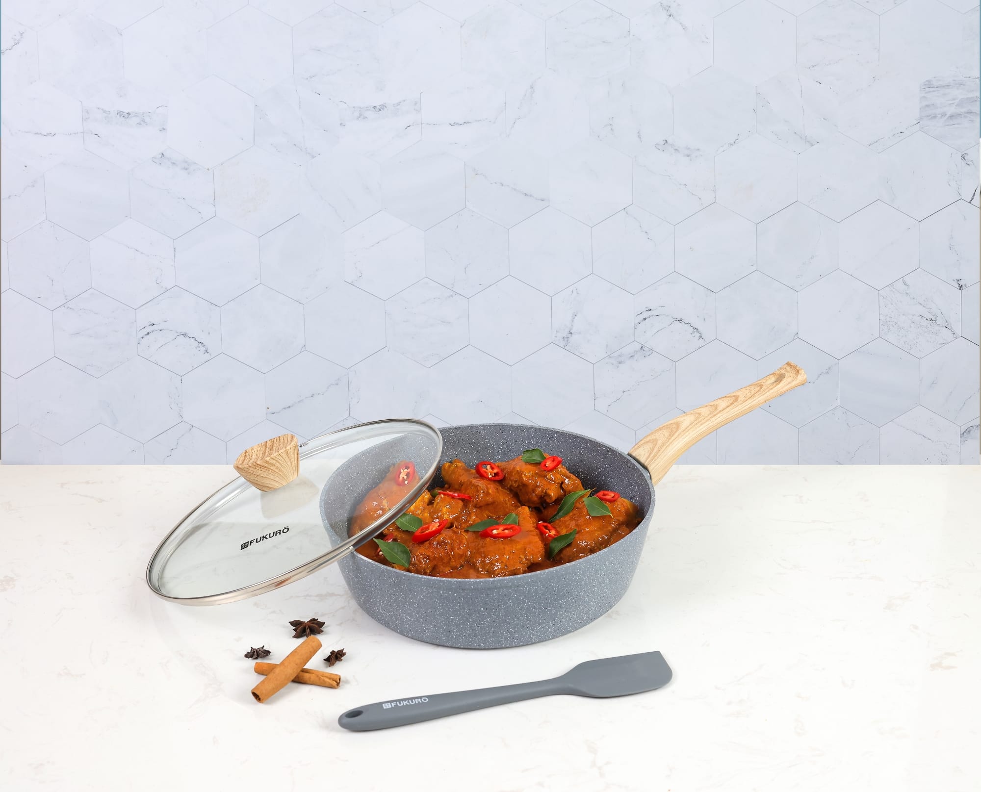 FUKURO ISHI MARBLE DEEP FRY PAN 28CM SET WITH GLASS LID + SILICONE SPATULA