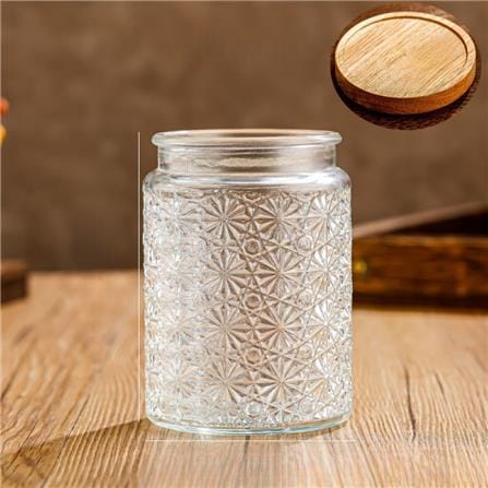 GLASS JAR EMBOSS 500ML WITH WOODEN LID - STAR DESIGN