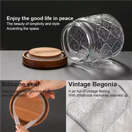 GLASS JAR EMBOSS 500ML WITH WOODEN LID - STAR DESIGN