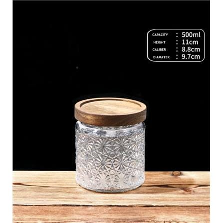 GLASS JAR EMBOSS 500ML WITH WOODEN LID - STAR DESIGN