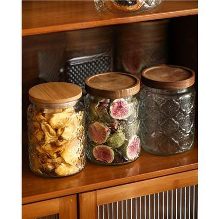 GLASS JAR EMBOSS 500ML WITH WOODEN LID - STAR DESIGN