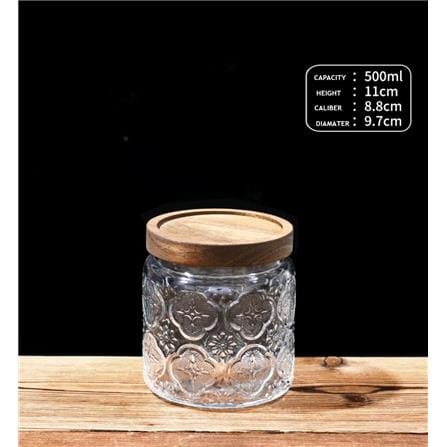 GLASS JAR EMBOSS 500ML WITH WOODEN LID - BEGONIA FLOWER DESIGN