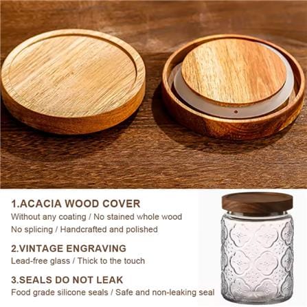GLASS JAR EMBOSS 500ML WITH WOODEN LID - BEGONIA FLOWER DESIGN