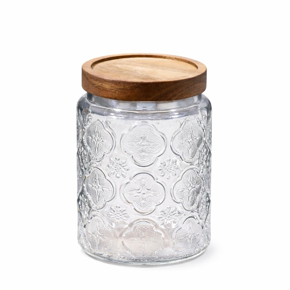 GLASS JAR EMBOSS 700ML WITH WOODEN LID - BEGONIA FLOWER DESIGN