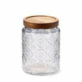 GLASS JAR EMBOSS 700ML WITH WOODEN LID - BEGONIA FLOWER DESIGN