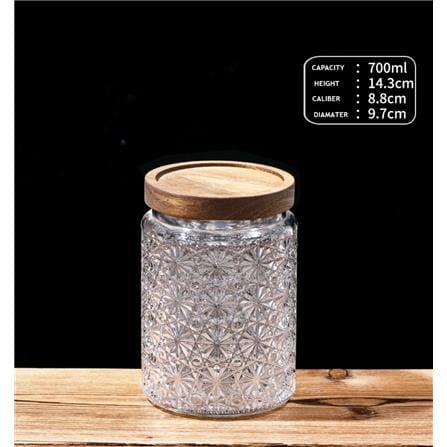 GLASS JAR EMBOSS 700ML WITH WOODEN LID -STAR DESIGN