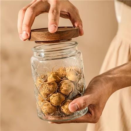 GLASS JAR EMBOSS 700ML WITH WOODEN LID -STAR DESIGN