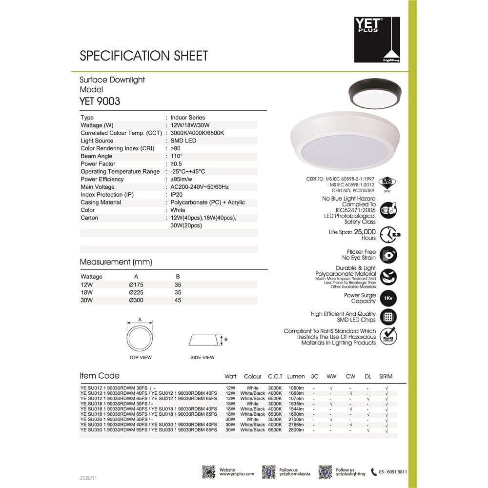 YETPLUS LED SURFACE DOWNLIGHT 9003 12W 3000K BLACK ROUND