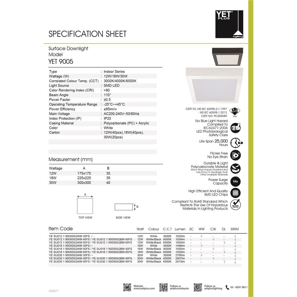 YETPLUS LED SURFACE DOWNLIGHT 9005 30W 3000K WHITE SQUARE