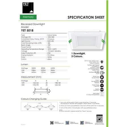 YETPLUS LED RECESSED DOWNLIGHT 5018 12W 3-COLOR GLASS SQUARE