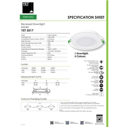 YETPLUS LED RECESSED DOWNLIGHT 5017 18W 3-COLOR GLASS ROUND
