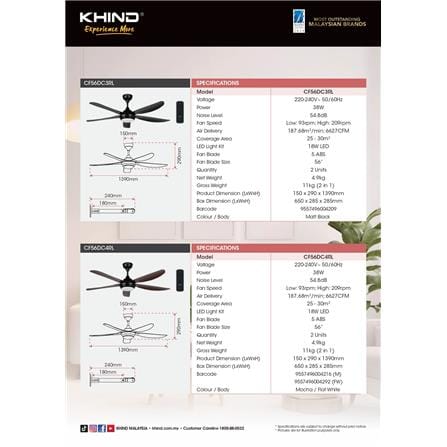 KHIND CEILING FAN CF56DC3RL LED 5-BLADES MATT BLACK 56"