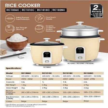 KHIND CONVENTIONAL RICE COOKER RC1010C 365W 1.0L BEIGE