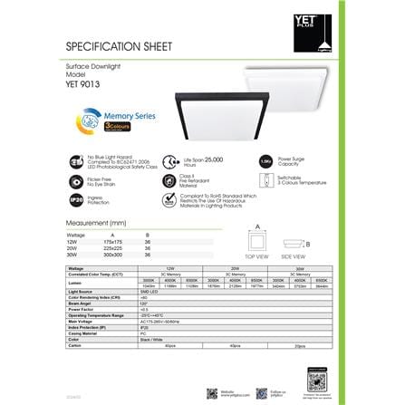 YETPLUS LED SURFACE DOWNLIGHT 9013 20W 3C MEMORY WHITE SQUARE