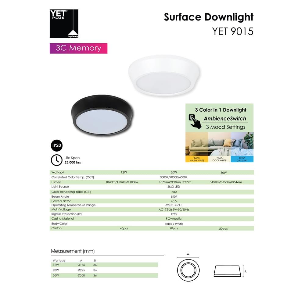 YETPLUS LED SURFACE DOWNLIGHT 9015 12W 3-COLOR WHITE ROUND