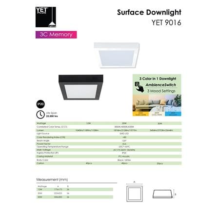 YETPLUS LED SURFACE DOWNLIGHT 9016 30W 3-COLOR WHITE SQUARE
