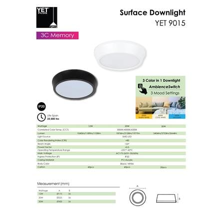 YETPLUS LED SURFACE DOWNLIGHT 9015 30W 3-COLOR BLACK ROUND