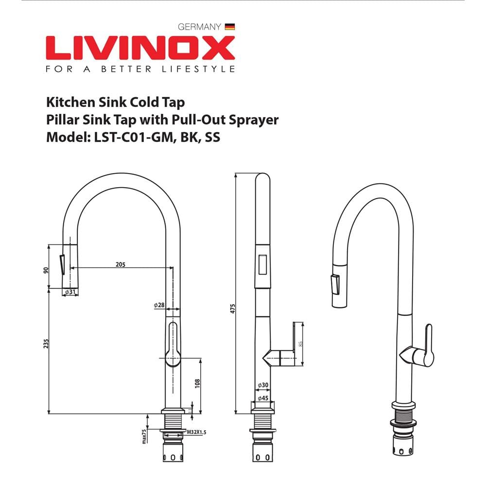 LIVINOX PULL OUT SINK FAUCET LST-C01-SS MATT