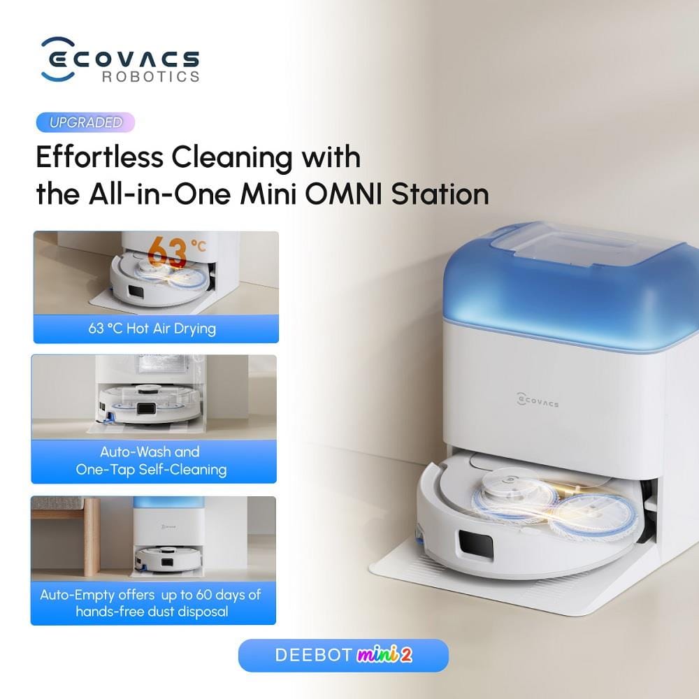 ECOVACS ROBOTIC VACUUM + MOP DEEBOT MINI2 1.8L RUNTIME 189MINUTES