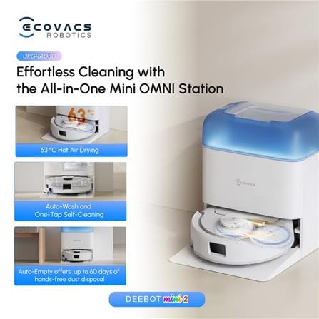ECOVACS ROBOTIC VACUUM + MOP DEEBOT MINI2 1.8L RUNTIME 189MINUTES