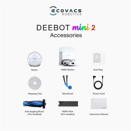 ECOVACS ROBOTIC VACUUM + MOP DEEBOT MINI2 1.8L RUNTIME 189MINUTES