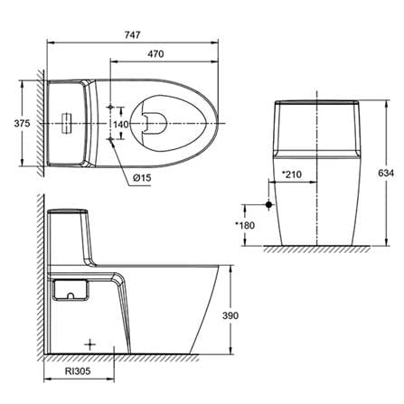 AMERICAN STANDARD ACACIA SUPASLEEK ONE PIECE TOILET CL20075-6DAMYCBT S-TRAP 305MM
